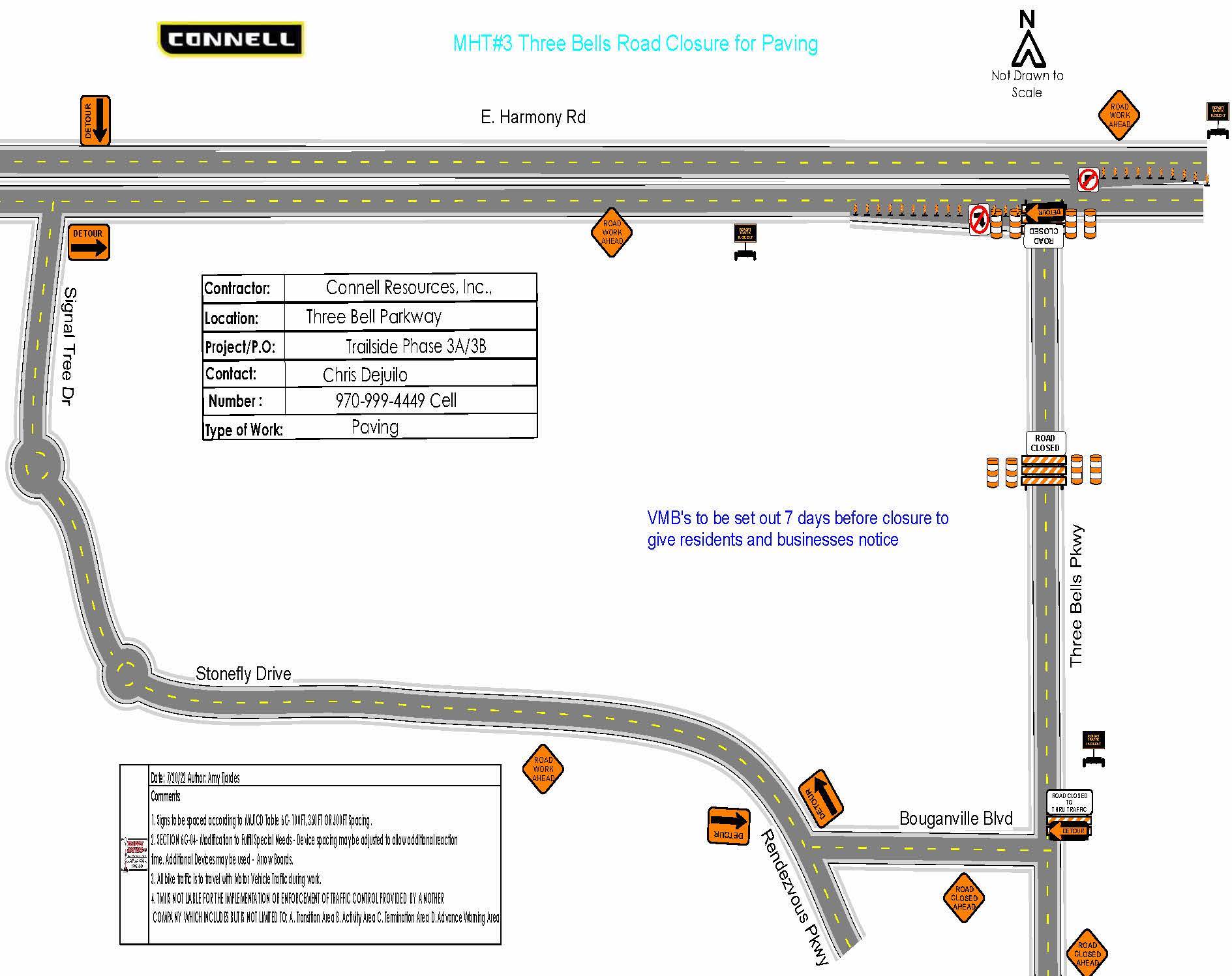 Three Bell Pkwy closure at Harmony Road for asphalt overlay, Aug 13